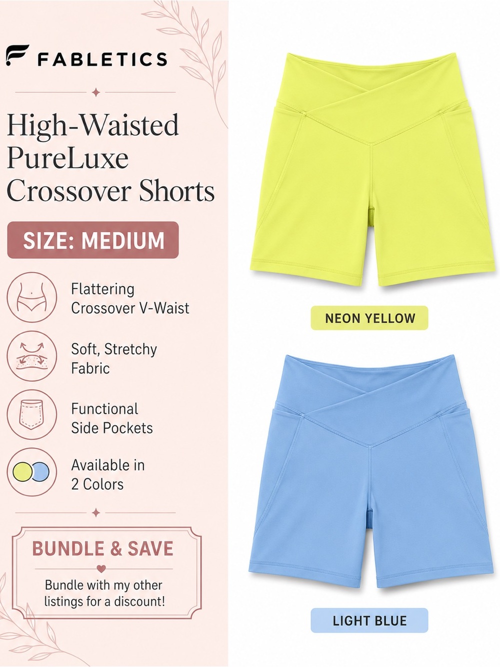 2 pairs Fabletics M High-Waisted PureLuxe Crossover Shorts —Neon Yellow / LT blu